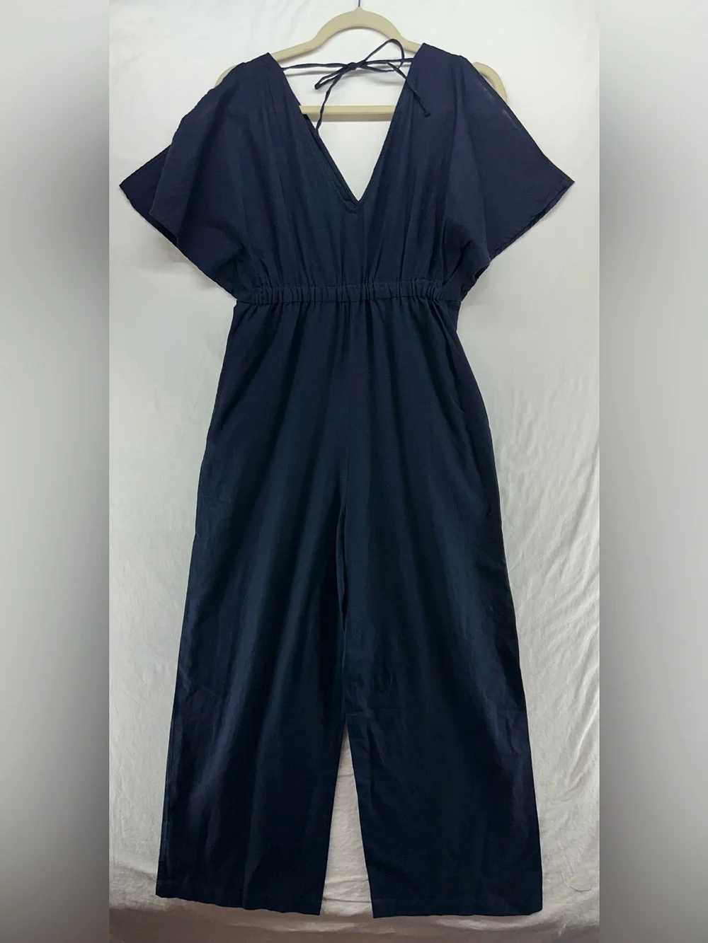 Zara Navy Blue Linen Jumpsuit S Wide Leg V-Neck Tie Back Short Sleeve‎ Rustic